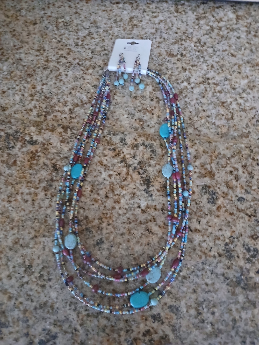 Multi-Strand Turquoise and Pink Beaded Necklace with Matching Earrings
